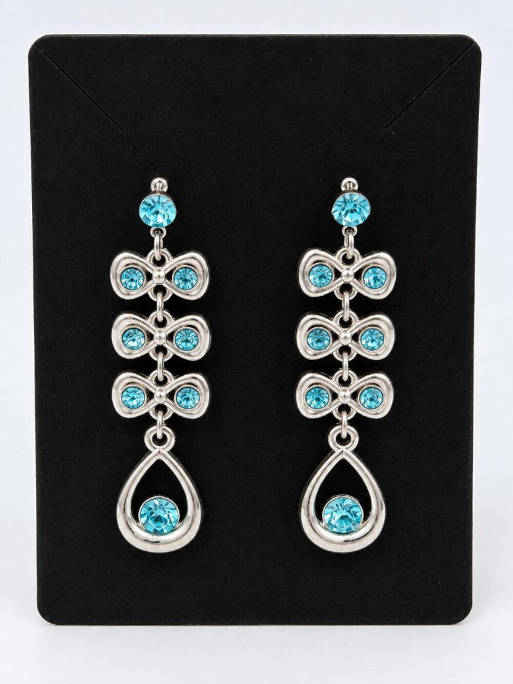 Aqua Blue Crystal Silver Tone Dangle Drop Earrings